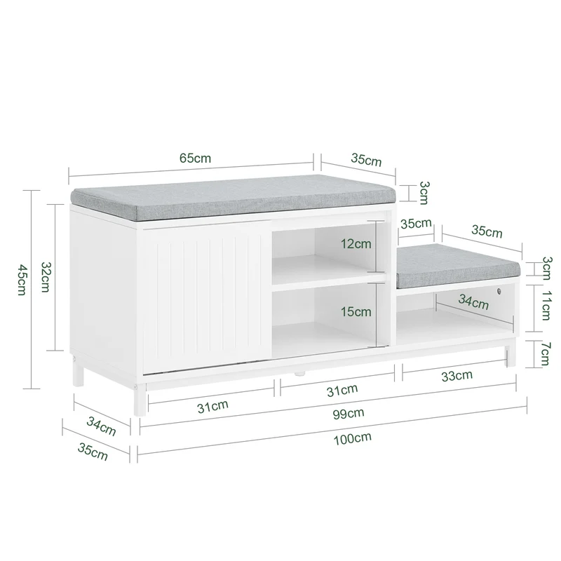SoBuy FSR166-W Banc de Rangement, Banc à Chaussures avec 2 Coussin Rembourré, avec 1 Porte Coulissante et 3 Compartiments