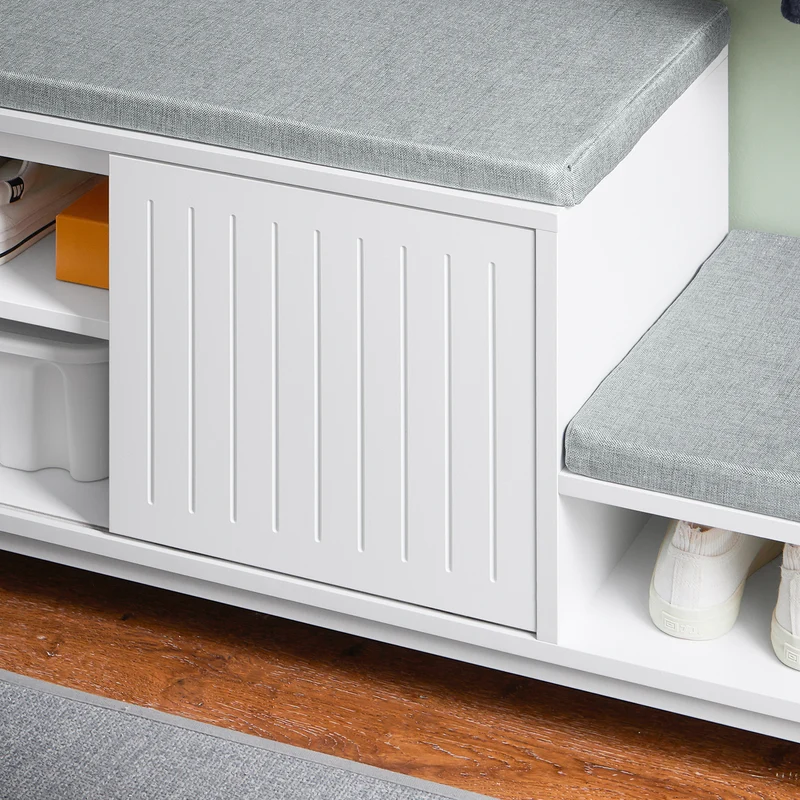 SoBuy FSR166-W Banc de Rangement, Banc à Chaussures avec 2 Coussin Rembourré, avec 1 Porte Coulissante et 3 Compartiments