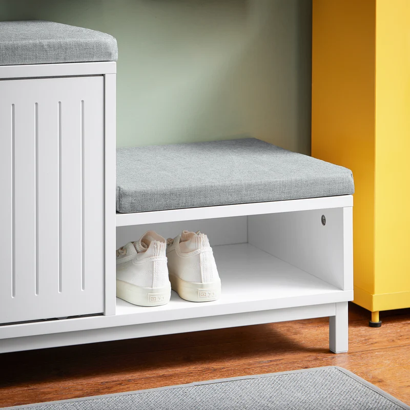 SoBuy FSR166-W Banc de Rangement, Banc à Chaussures avec 2 Coussin Rembourré, avec 1 Porte Coulissante et 3 Compartiments