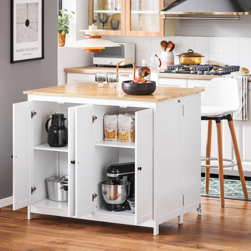 SoBuy KNL10-WN îlot Central de Cuisine Buffet de Rangement Mange-Debout avec Plans de Travail Rabattable 2 armoires 4 Portes