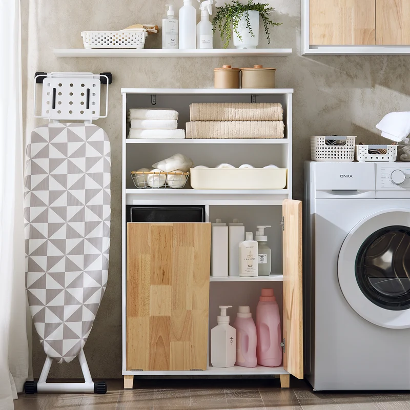 SoBuy BZR143-WN Meuble Bas de Salle de Bain avec Bac à Linge Amovible avec 3 Compartiments et 1 Panier à Linge