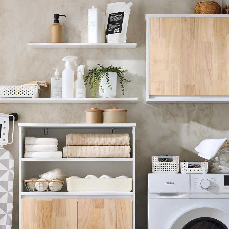 SoBuy BZR143-WN Meuble Bas de Salle de Bain avec Bac à Linge Amovible avec 3 Compartiments et 1 Panier à Linge
