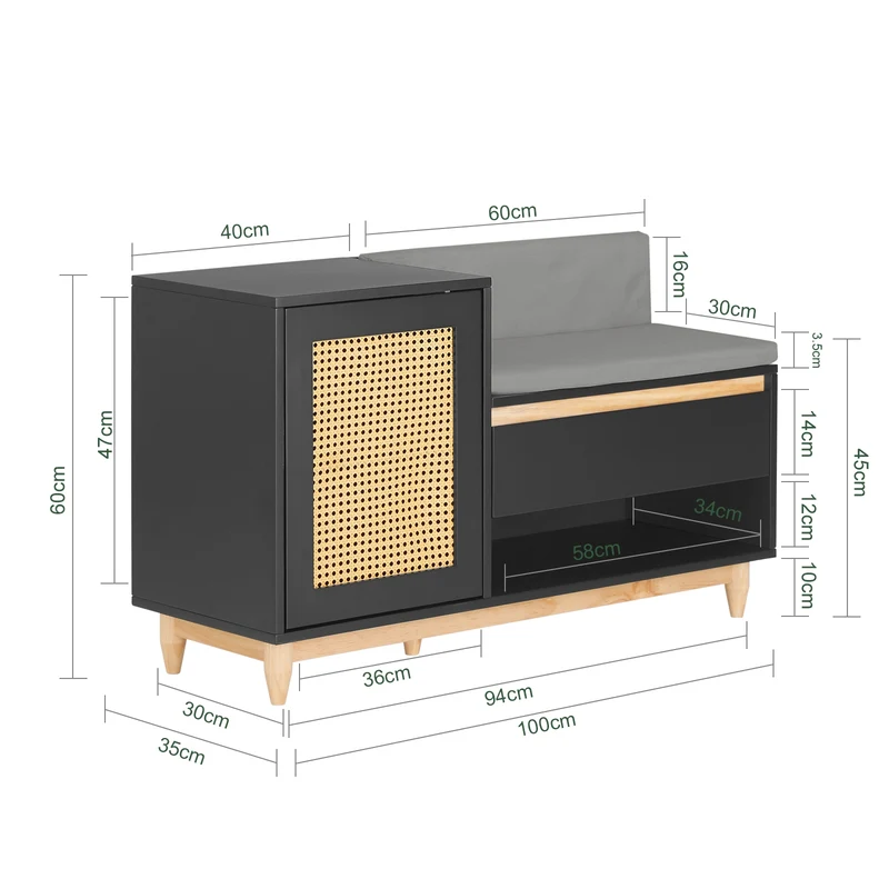 SoBuy FSR128-SCH Banc à Chaussures avec Tiroir, Porte à Treillis et Coussin Confortable, pour Entrée et Couloir, Rangement Optimisé – L100×P35×H60 cm, Noir