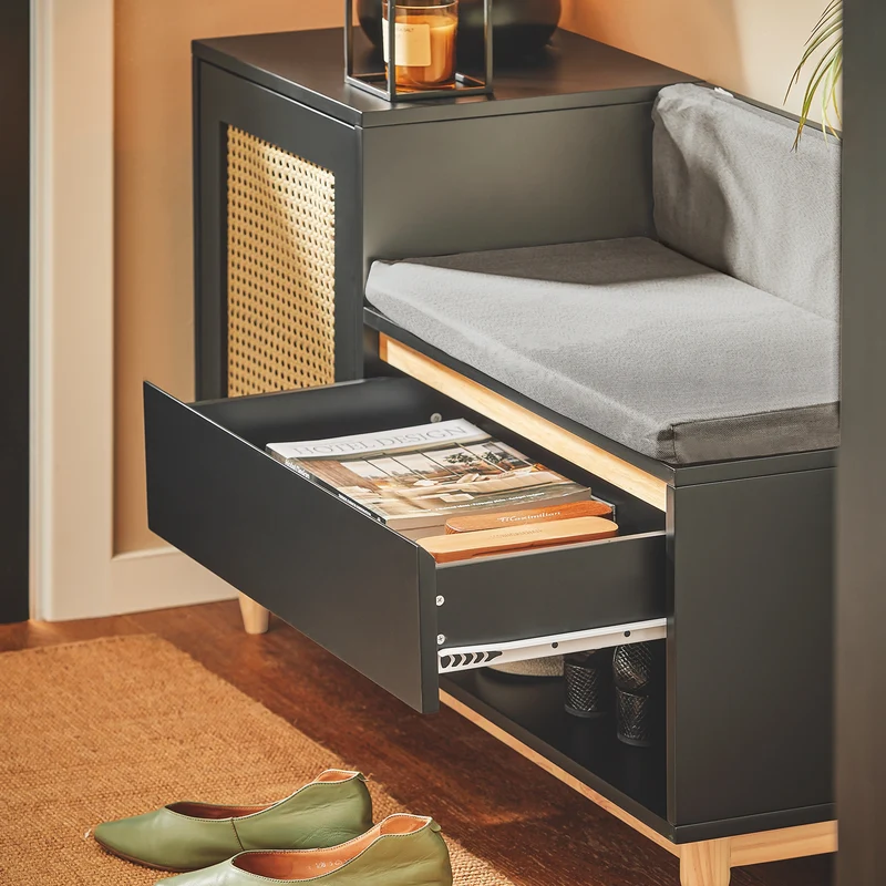 SoBuy FSR128-SCH Banc à Chaussures avec Tiroir, Porte à Treillis et Coussin Confortable, pour Entrée et Couloir, Rangement Optimisé – L100×P35×H60 cm, Noir