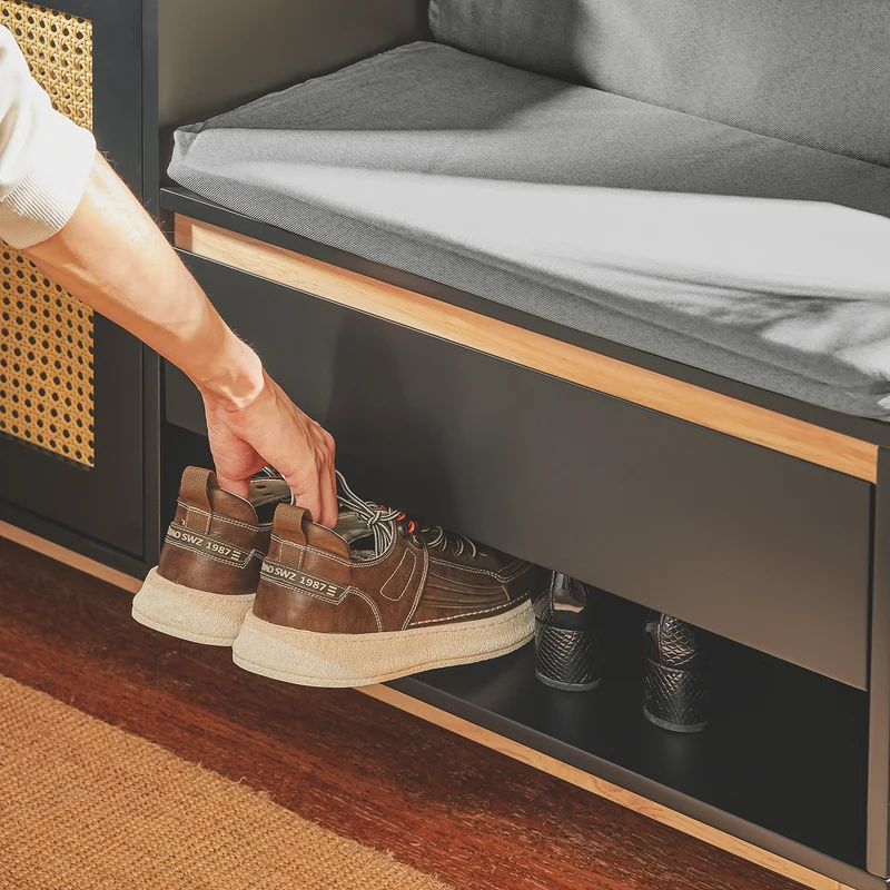 SoBuy FSR128-SCH Banc à Chaussures avec Tiroir, Porte à Treillis et Coussin Confortable, pour Entrée et Couloir, Rangement Optimisé – L100×P35×H60 cm, Noir