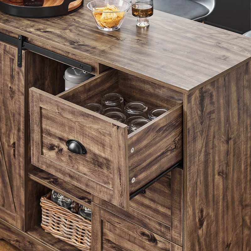 SoBuy KNL08-N îlot Central Mange-Debout Placard de Cuisine Buffet de Rangement Multi-rangements avec 1 Porte de Grange, Porte-Bouteilles, 3 Tiroirs
