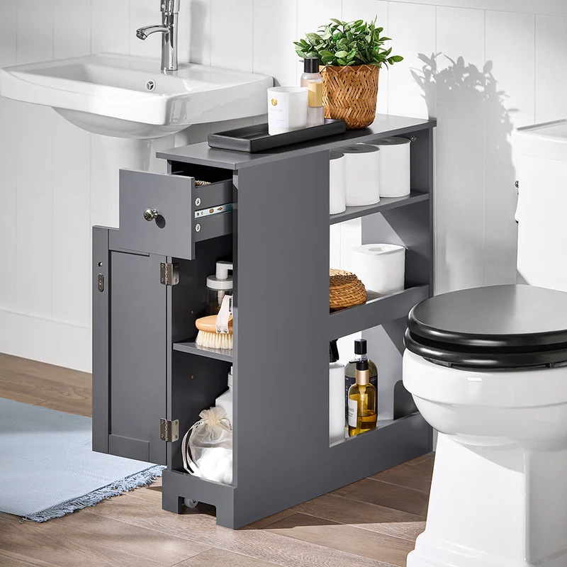 SoBuy BZR106-DG Armoire Étroit Armoire Toilettes WC Compact sur Roulettes Support Papier Toilette Chariot de Stockage Polyvalente