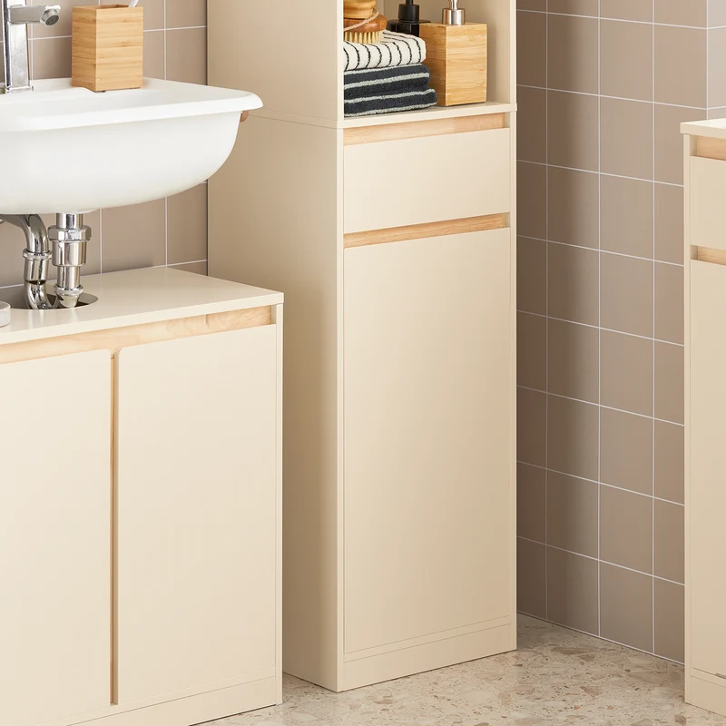SoBuy BZR80-MI Meuble Colonne de Salle de Bain, Armoire Haute, Placard de Rangement avec 1 Compartiment Ouvert, 1 Tiroir et 2 Portes