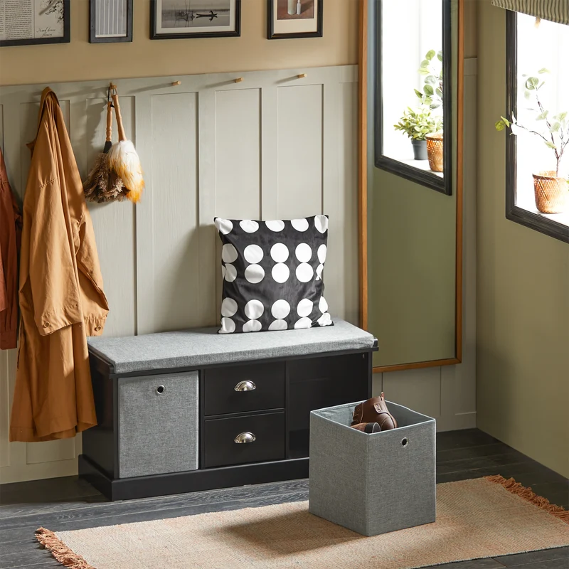 SoBuy FSR66-SCH Banc de Rangement avec Coussin Rembourré, 2 Tiroirs et 2 Paniers Meuble Bas Entrée Commode à Chaussure Banquette