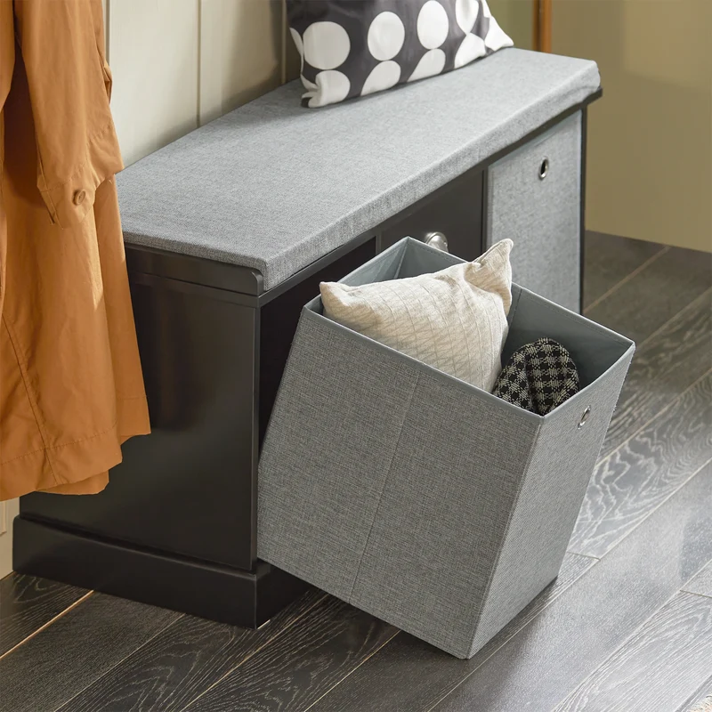 SoBuy FSR66-SCH Banc de Rangement avec Coussin Rembourré, 2 Tiroirs et 2 Paniers Meuble Bas Entrée Commode à Chaussure Banquette