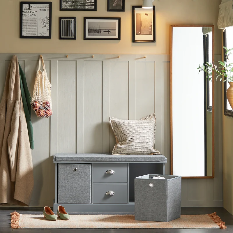 SoBuy FSR66-DG Banc de Rangement avec Coussin Rembourré, 2 Tiroirs et 2 Paniers Meuble Bas Entrée Commode à Chaussure Banquette Confortable