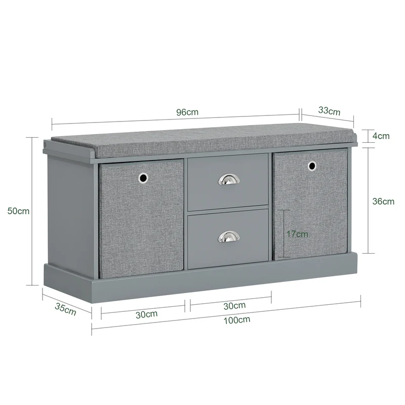 SoBuy FSR66-DG Banc de Rangement avec Coussin Rembourré, 2 Tiroirs et 2 Paniers Meuble Bas Entrée Commode à Chaussure Banquette Confortable