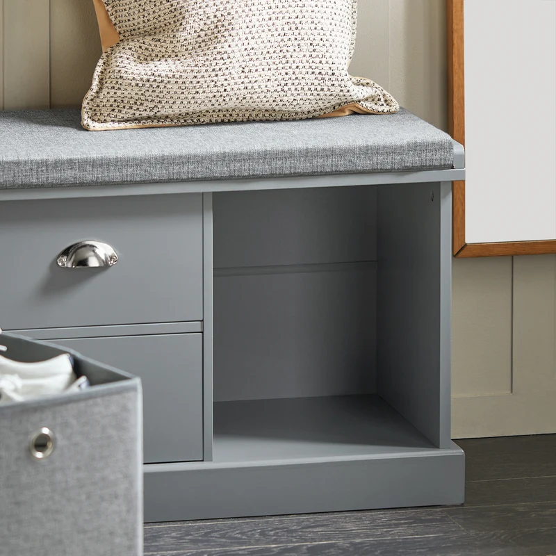 SoBuy FSR66-DG Banc de Rangement avec Coussin Rembourré, 2 Tiroirs et 2 Paniers Meuble Bas Entrée Commode à Chaussure Banquette Confortable