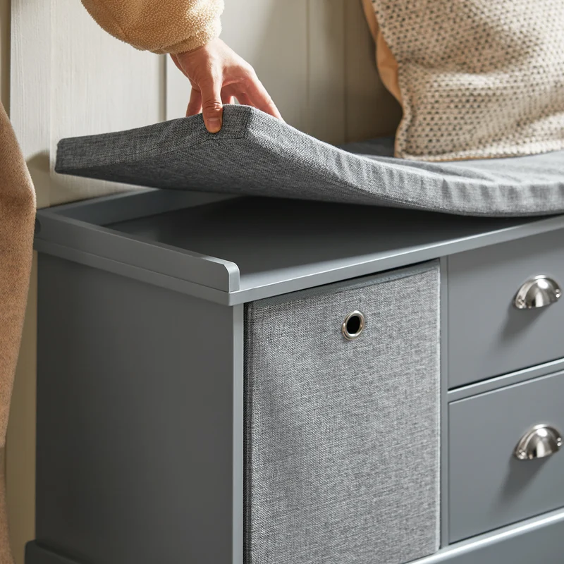 SoBuy FSR66-DG Banc de Rangement avec Coussin Rembourré, 2 Tiroirs et 2 Paniers Meuble Bas Entrée Commode à Chaussure Banquette Confortable