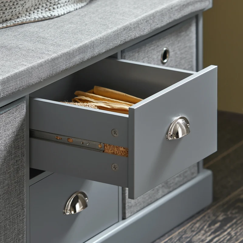 SoBuy FSR66-DG Banc de Rangement avec Coussin Rembourré, 2 Tiroirs et 2 Paniers Meuble Bas Entrée Commode à Chaussure Banquette Confortable