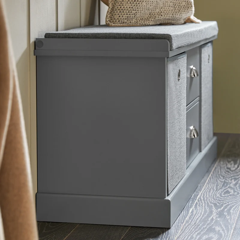 SoBuy FSR66-DG Banc de Rangement avec Coussin Rembourré, 2 Tiroirs et 2 Paniers Meuble Bas Entrée Commode à Chaussure Banquette Confortable