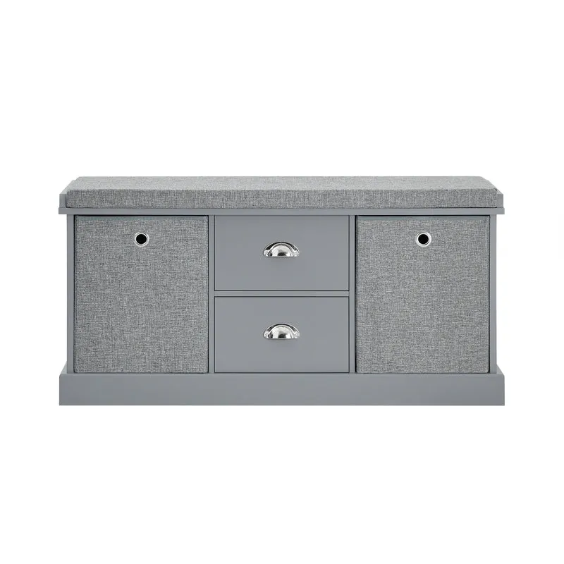 SoBuy FSR66-DG Banc de Rangement avec Coussin Rembourré, 2 Tiroirs et 2 Paniers Meuble Bas Entrée Commode à Chaussure Banquette Confortable