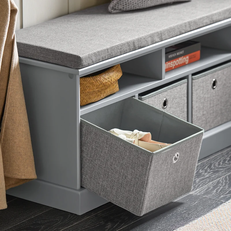 SoBuy FSR67-DG Banc de Rangement avec Coussin Rembourré, 2 Compartiments et 3 Paniers Meuble Bas Entrée