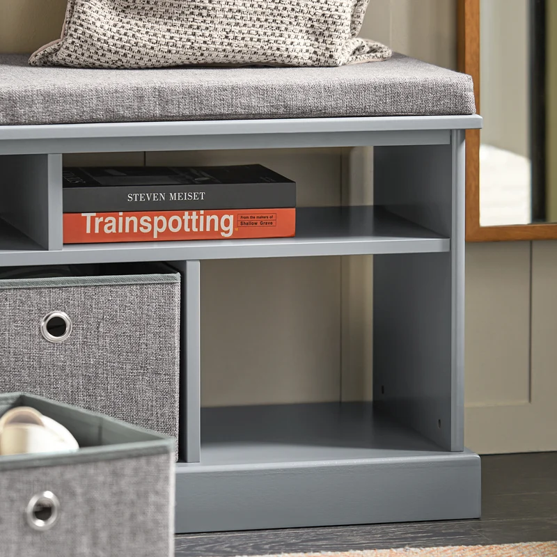 SoBuy FSR67-DG Banc de Rangement avec Coussin Rembourré, 2 Compartiments et 3 Paniers Meuble Bas Entrée