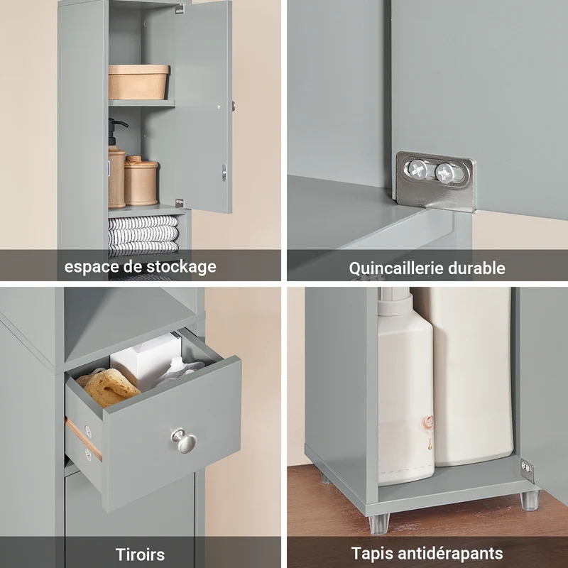 SoBuy BZR34-HG Meuble Colonne Armoire Haut de Salle de Bain avec 1 Tiroir, 2 Portes et 5 Compartiments