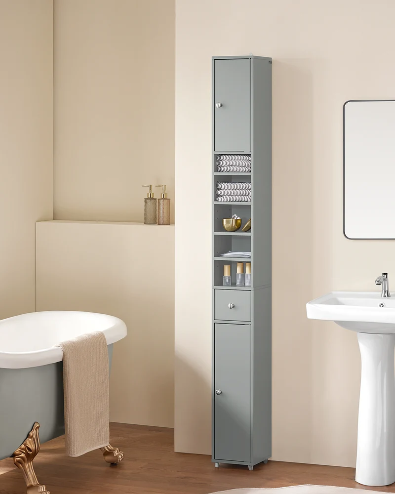 SoBuy BZR34-HG Meuble Colonne Armoire Haut de Salle de Bain avec 1 Tiroir, 2 Portes et 5 Compartiments