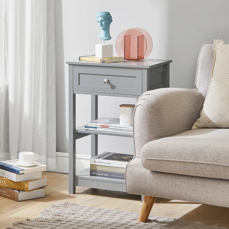 SoBuy FBT46-HG Table de Chevet avec 1 Tiroir & 2 Étagères, Table d'appoint Moderne, Gris, L45 x P30 x H68cm