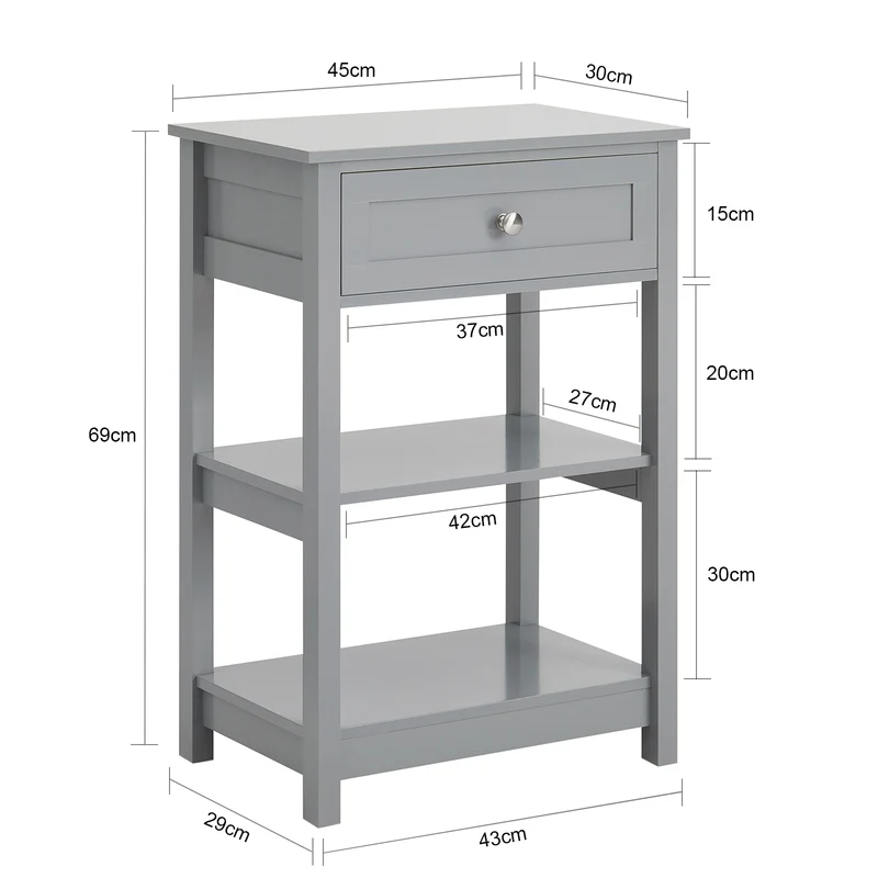 SoBuy FBT46-HG Table de Chevet avec 1 Tiroir & 2 Étagères, Table d'appoint Moderne, Gris, L45 x P30 x H68cm