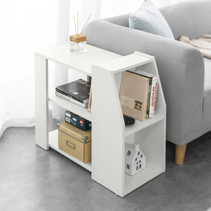 SoBuy FBT104-W Bout de Canapé Table d’Appoint Meuble de Rangement avec 3 Etagères et 2 Compartiments Ouverts