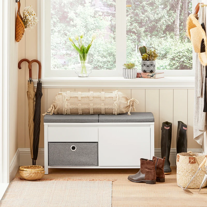 SoBuy FSR101-W Banc à Chaussures avec Coussin Rembourré, Tiroir, Panier, Porte et 2 Étagères pour Entrée – 91x36x46 cm, Blanc