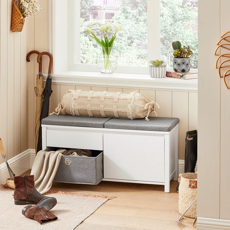 SoBuy FSR101-W Banc à Chaussures avec Coussin Rembourré, Tiroir, Panier, Porte et 2 Étagères pour Entrée – 91x36x46 cm, Blanc