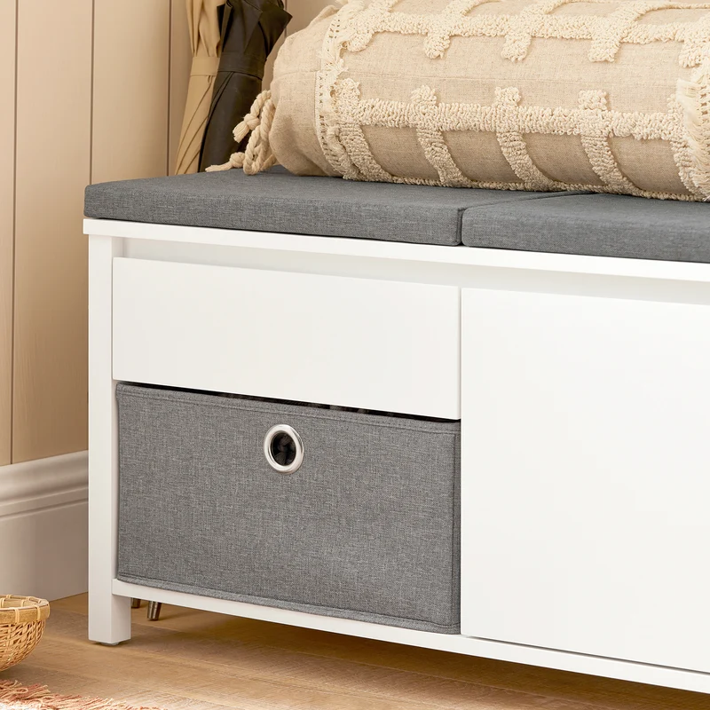 SoBuy FSR101-W Banc à Chaussures avec Coussin Rembourré, Tiroir, Panier, Porte et 2 Étagères pour Entrée – 91x36x46 cm, Blanc