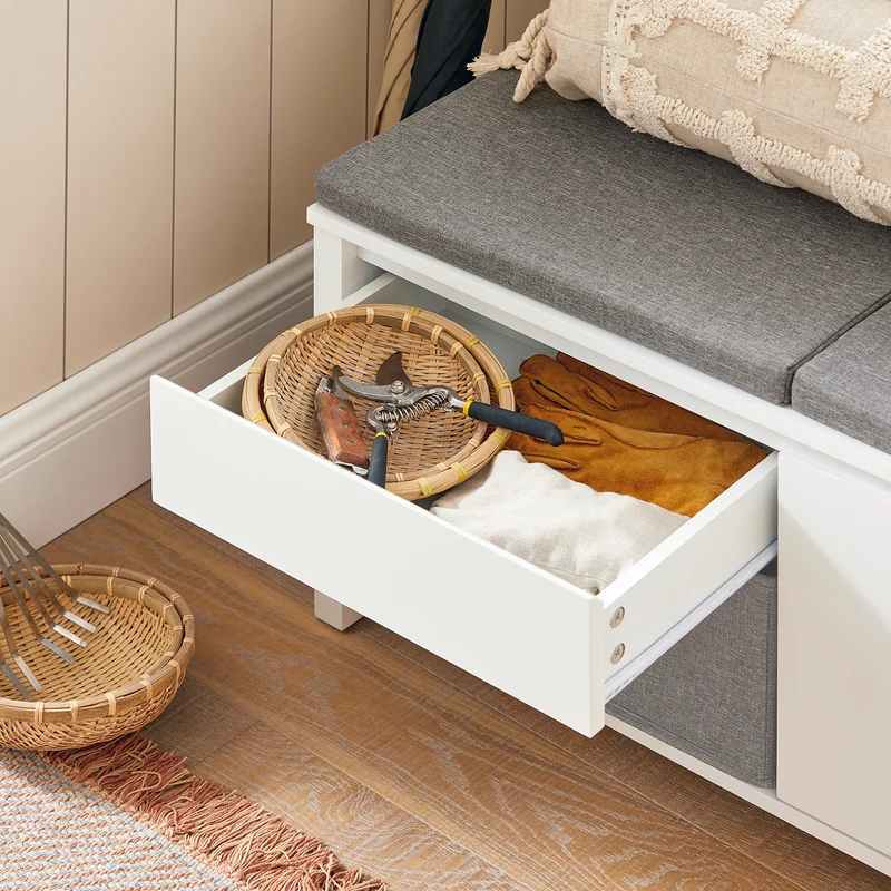 SoBuy FSR101-W Banc à Chaussures avec Coussin Rembourré, Tiroir, Panier, Porte et 2 Étagères pour Entrée – 91x36x46 cm, Blanc