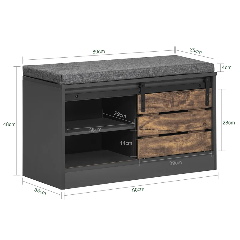 SoBuy FSR120-HG Banc à Chaussures avec Porte Coulissante et Coussin Rembourré pour Entrée – 80x35x48 cm, Gris