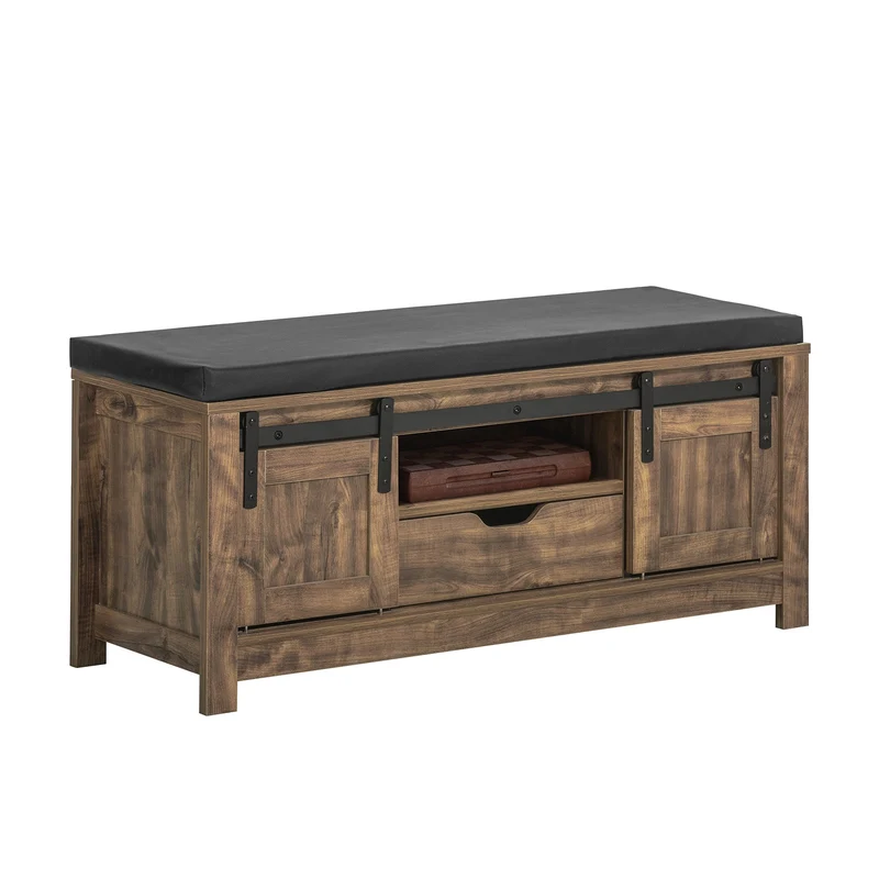 SoBuy FSR118-N Banc à Chaussures avec Porte de Grange Coulissante, Tiroir et Coussin Rembourré pour Entrée – 101x35x46 cm, Naturel