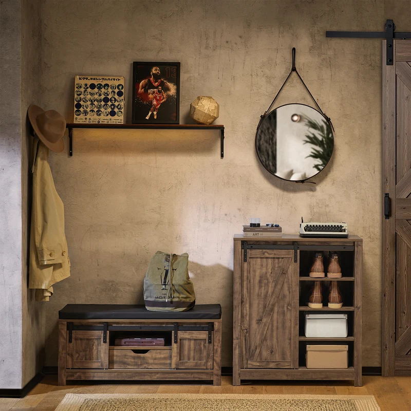 SoBuy FSR118-N Banc à Chaussures avec Porte de Grange Coulissante, Tiroir et Coussin Rembourré pour Entrée – 101x35x46 cm, Naturel