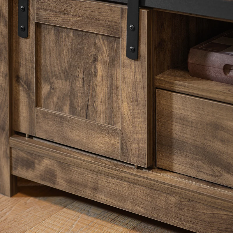 SoBuy FSR118-N Banc à Chaussures avec Porte de Grange Coulissante, Tiroir et Coussin Rembourré pour Entrée – 101x35x46 cm, Naturel