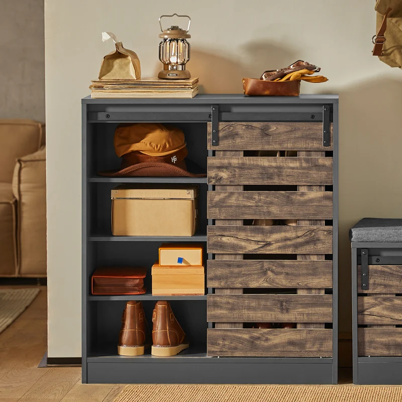 SoBuy FSB65-HG Buffet Meuble de Rangement avec Porte de Grange Coulissante, Commode Multifonction pour Entrée Salon Cuisine – 80x35x89 cm, Gris