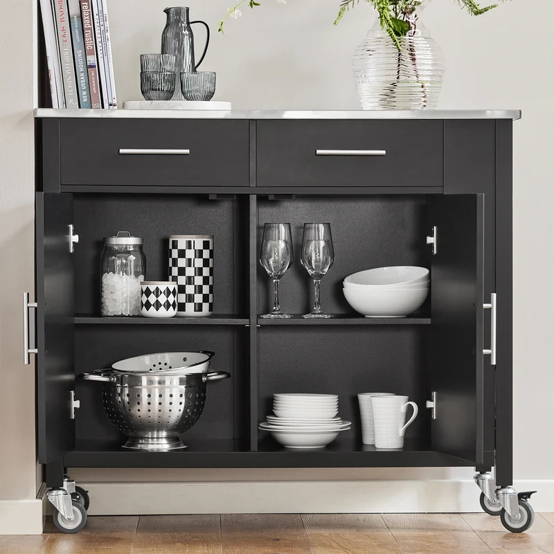 SoBuy FKW108-SCH Desserte Cuisine avec Plateau en Acier Inoxydable, Tiroirs et Roulettes, Usage Polyvalent, Mobile – L107×P46×H94 cm, Bois + Inox, Noir