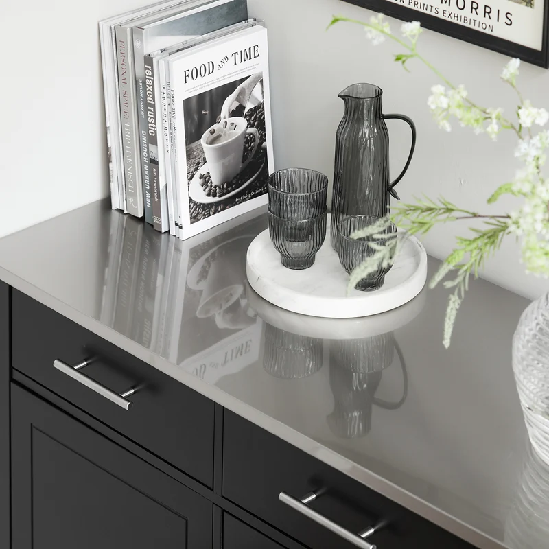 SoBuy FKW108-SCH Desserte Cuisine avec Plateau en Acier Inoxydable, Tiroirs et Roulettes, Usage Polyvalent, Mobile – L107×P46×H94 cm, Bois + Inox, Noir
