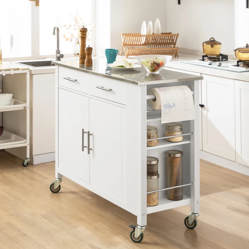 SoBuy FKW108-W Desserte Cuisine avec Plateau en Acier Inoxydable, Tiroirs et Roulettes, Usage Polyvalent, Mobile – L107×P46×H94 cm, Bois + Inox, Blanc
