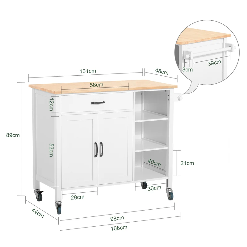 SoBuy FKW103-WN Desserte Îlot de Cuisine Desserte à roulettes Chariot de Cuisine Meuble de Rangement avec Porte-Serviettes, Placard Tiroir et 3 étagères