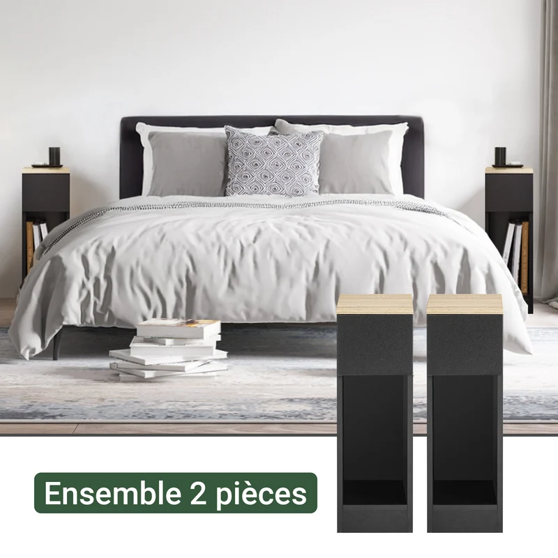 SoBuy FBT111-SCHx2 Lot de 2 Tables de Chevet Fines avec Tiroir et Étagère – L20 × P35 × H60 cm, Noir