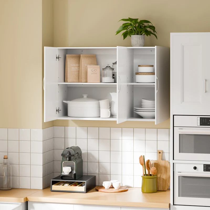 sebuyfr.comG231-L-W Meuble Haut Suspendu 90 cm – 3 Portes, Étagère Réglable – Blanc