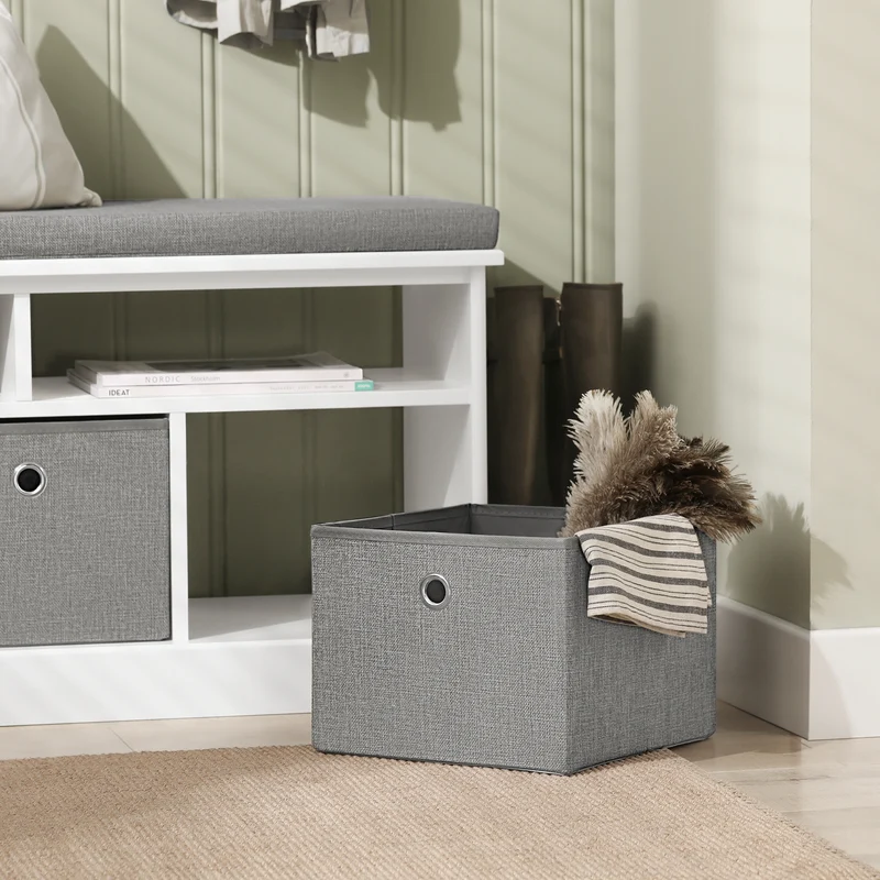 SoBuy FSR67-HG Banc à Chaussures avec Coussin Rembourré, 2 Compartiments et 3 Paniers pour Entrée – 96x35x50 cm, Gris