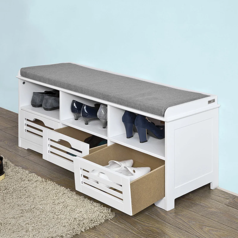 SoBuy FSR36-W Banc à Chaussures avec Coussin Rembourré et Rangement, Meuble d'Entrée – 105x35x43 cm, Blanc