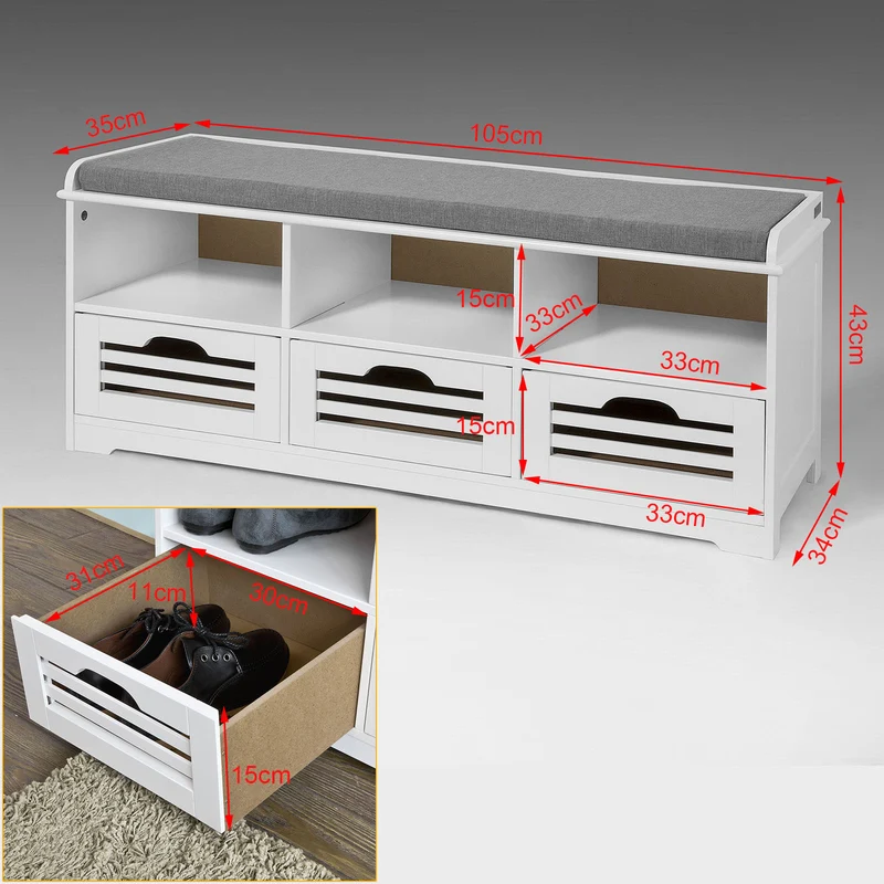SoBuy FSR36-W Banc à Chaussures avec Coussin Rembourré et Rangement, Meuble d'Entrée – 105x35x43 cm, Blanc