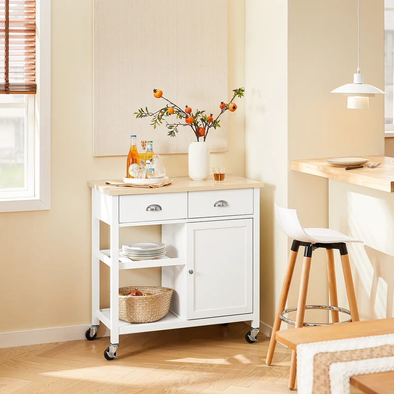 SoBuy FKW62-II-WN Desserte Cuisine avec Roulettes, 2 Tiroirs et 1 Porte, Mobile, pour Cuisine et Salle à Manger, Pratique – L87×P48×H89 cm, Blanc et Naturel