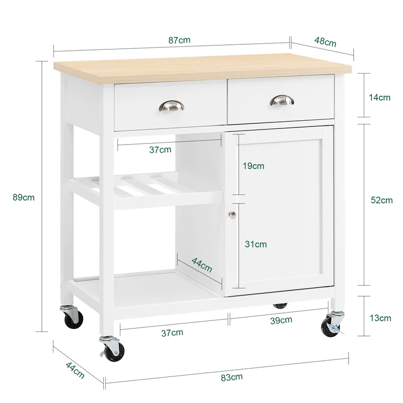 SoBuy FKW62-II-WN Desserte Cuisine avec Roulettes, 2 Tiroirs et 1 Porte, Mobile, pour Cuisine et Salle à Manger, Pratique – L87×P48×H89 cm, Blanc et Naturel