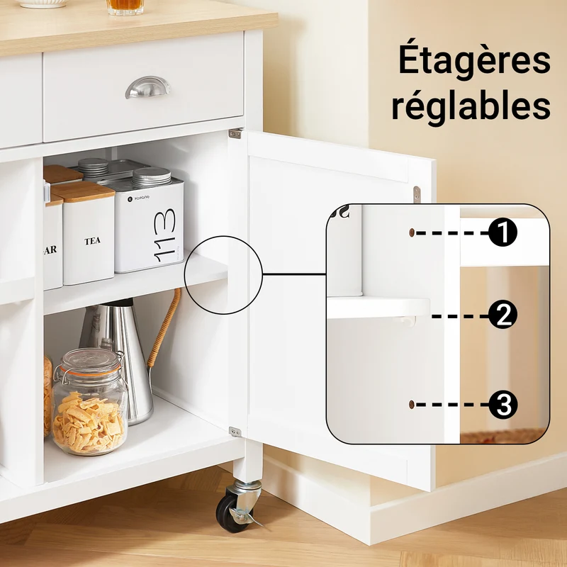 SoBuy FKW62-II-WN Desserte Cuisine avec Roulettes, 2 Tiroirs et 1 Porte, Mobile, pour Cuisine et Salle à Manger, Pratique – L87×P48×H89 cm, Blanc et Naturel