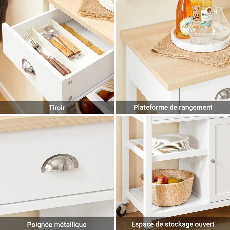 SoBuy FKW62-II-WN Desserte Cuisine avec Roulettes, 2 Tiroirs et 1 Porte, Mobile, pour Cuisine et Salle à Manger, Pratique – L87×P48×H89 cm, Blanc et Naturel